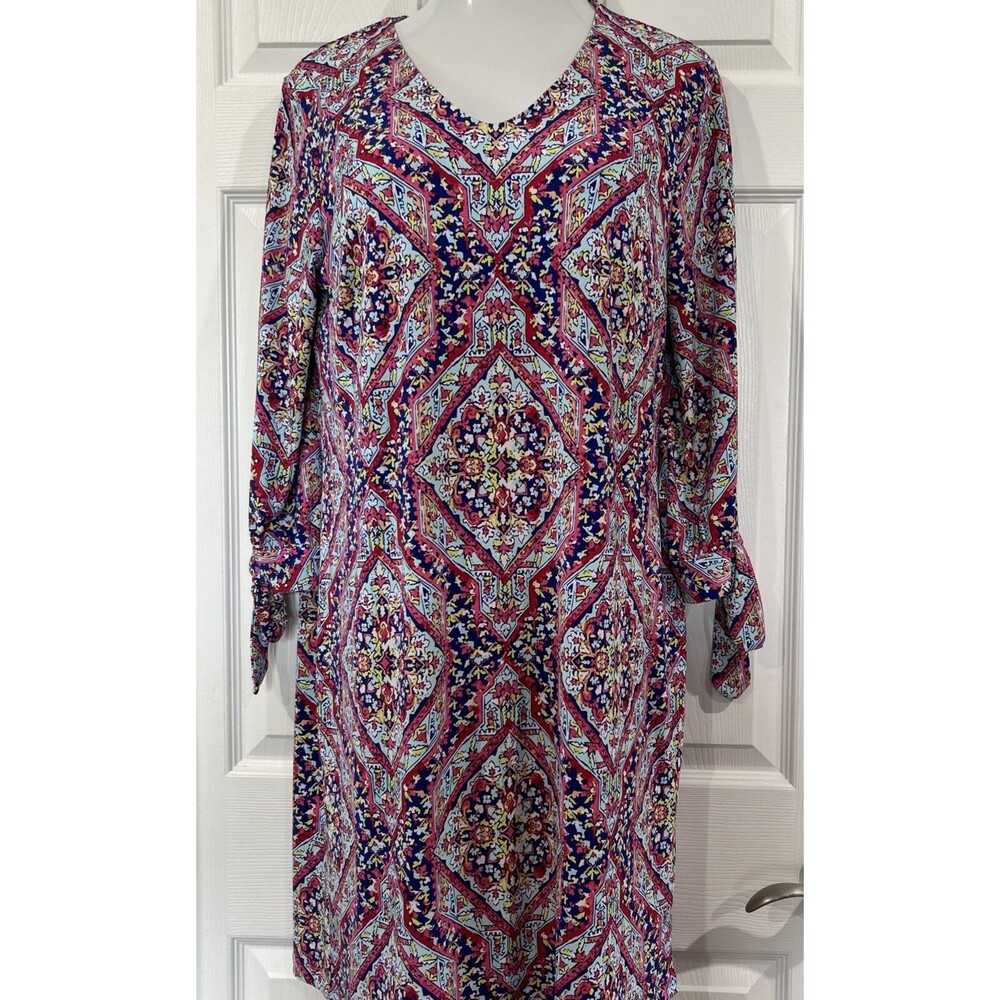 Chicos 2 Women Shift Stretch Jersey Knit Dress Floral Colorful Print V Neck L